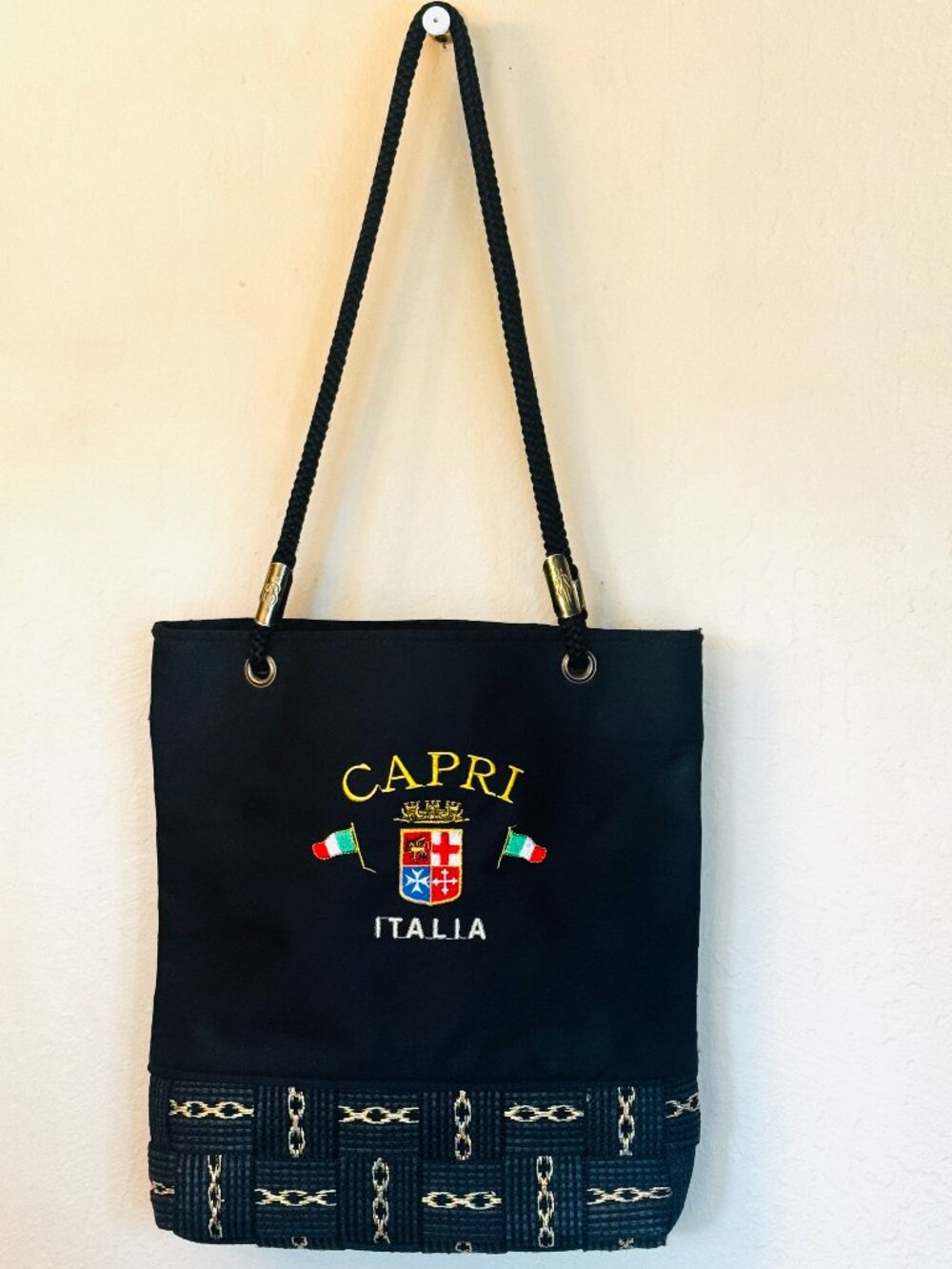 Vtg Black Nylon Capri Italia Tote Bag Golden Embroidered Nautical Crest Zipper